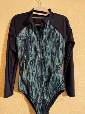 all in motion Long-Sleeve One-Piece Swimsuit in Teal and Black